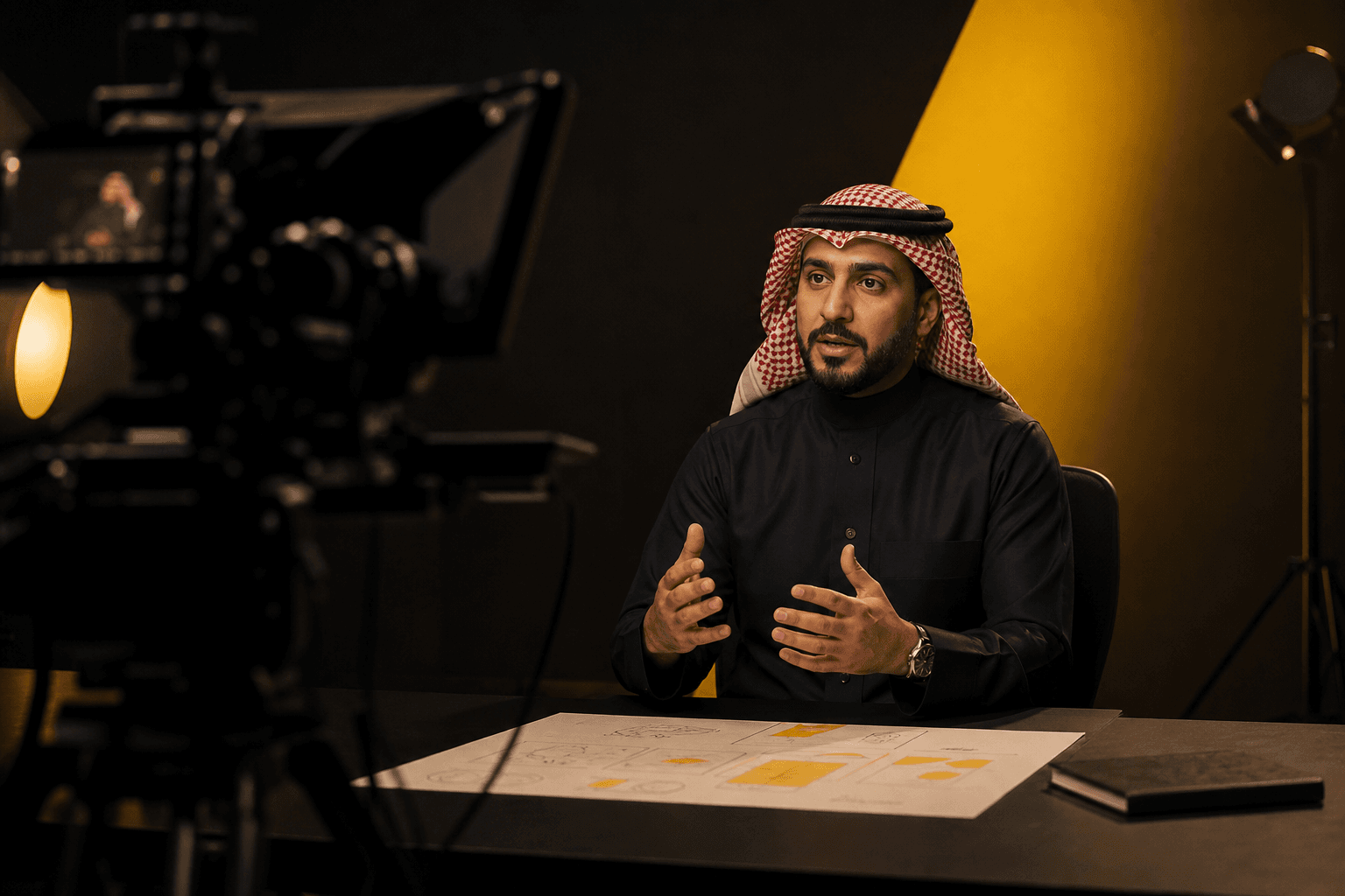 مؤسس يسجّل جلسة محتوى موجهة ضمن تجهيز إنتاج احترافي